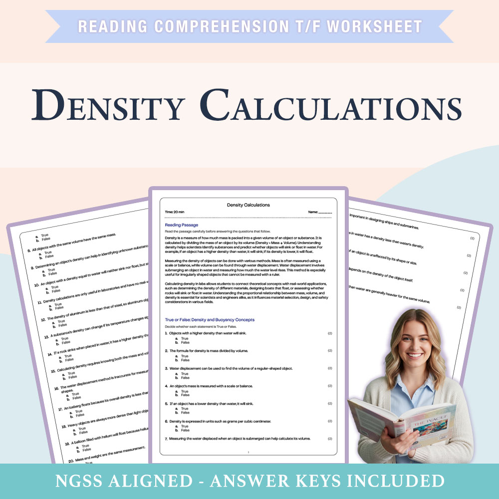Science reading comprehensions true or false worksheet worksheet — 6th Grade Science | Density Calculations Worksheet (PDF…