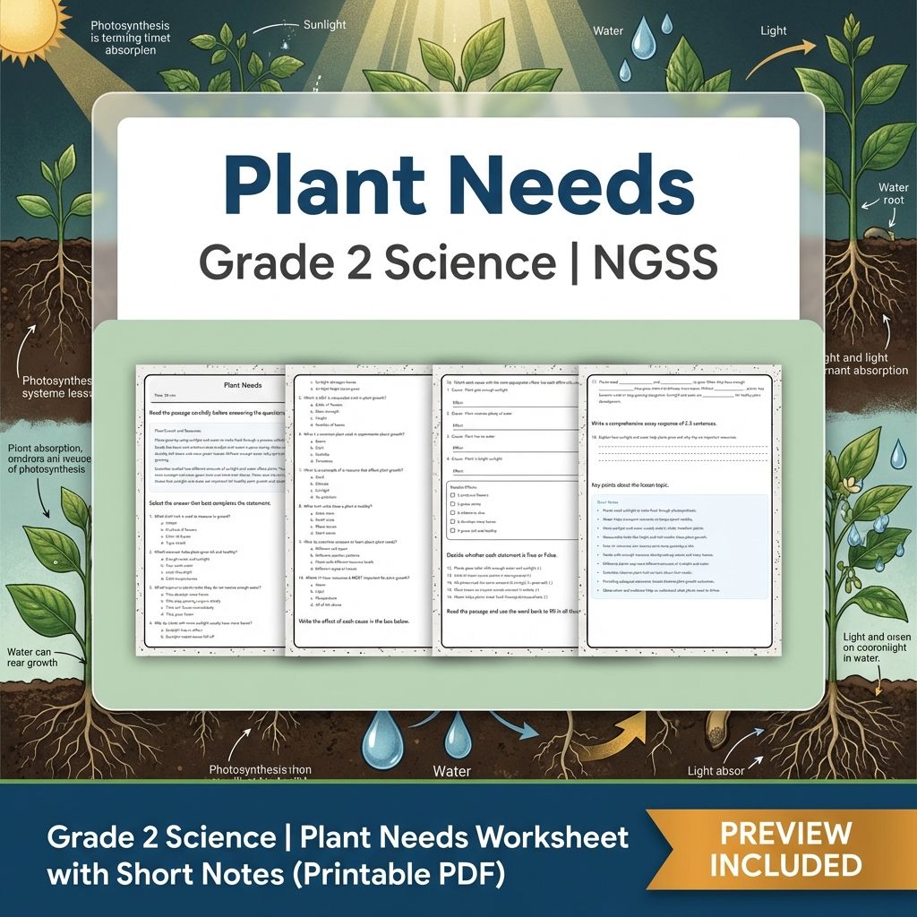 Grade 2 Science | Plant Needs Worksheet with Short Notes (Printable PDF)