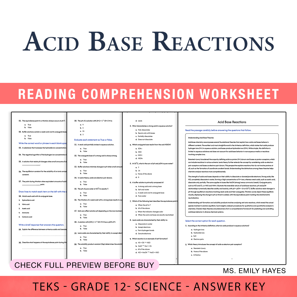 Grade 12 Science worksheet worksheet — 12th Grade Science | Acid Base Reactions Worksheet (PDF+ Answer Key) — page 1