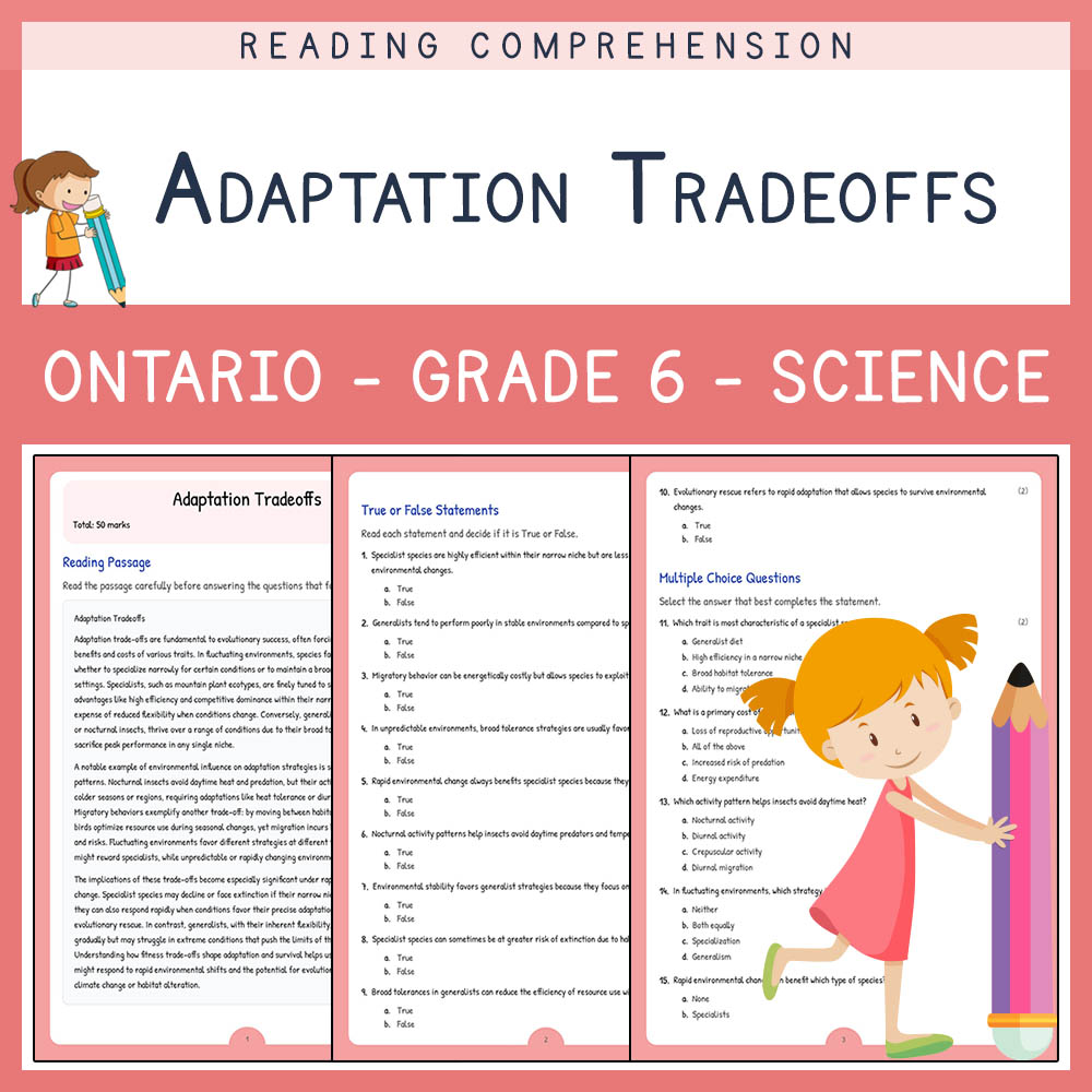 Grade 6 Science worksheet worksheet — Grade 6 Science | Adaptation Tradeoffs Worksheet with Answer Key (PDF) — page 1