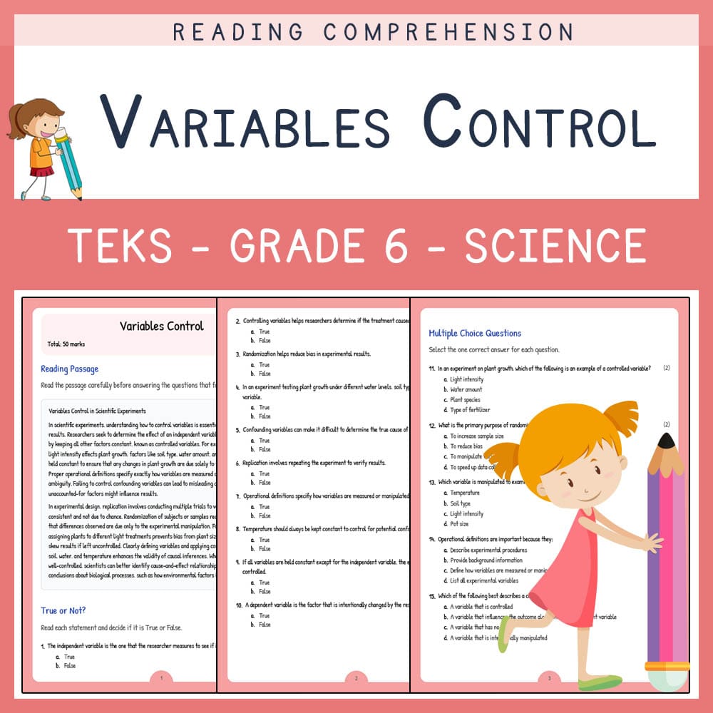Grade 6 Science worksheet elena worksheet — Grade 6 Science | Variables Control Worksheet | TEKS-Aligned — page 1