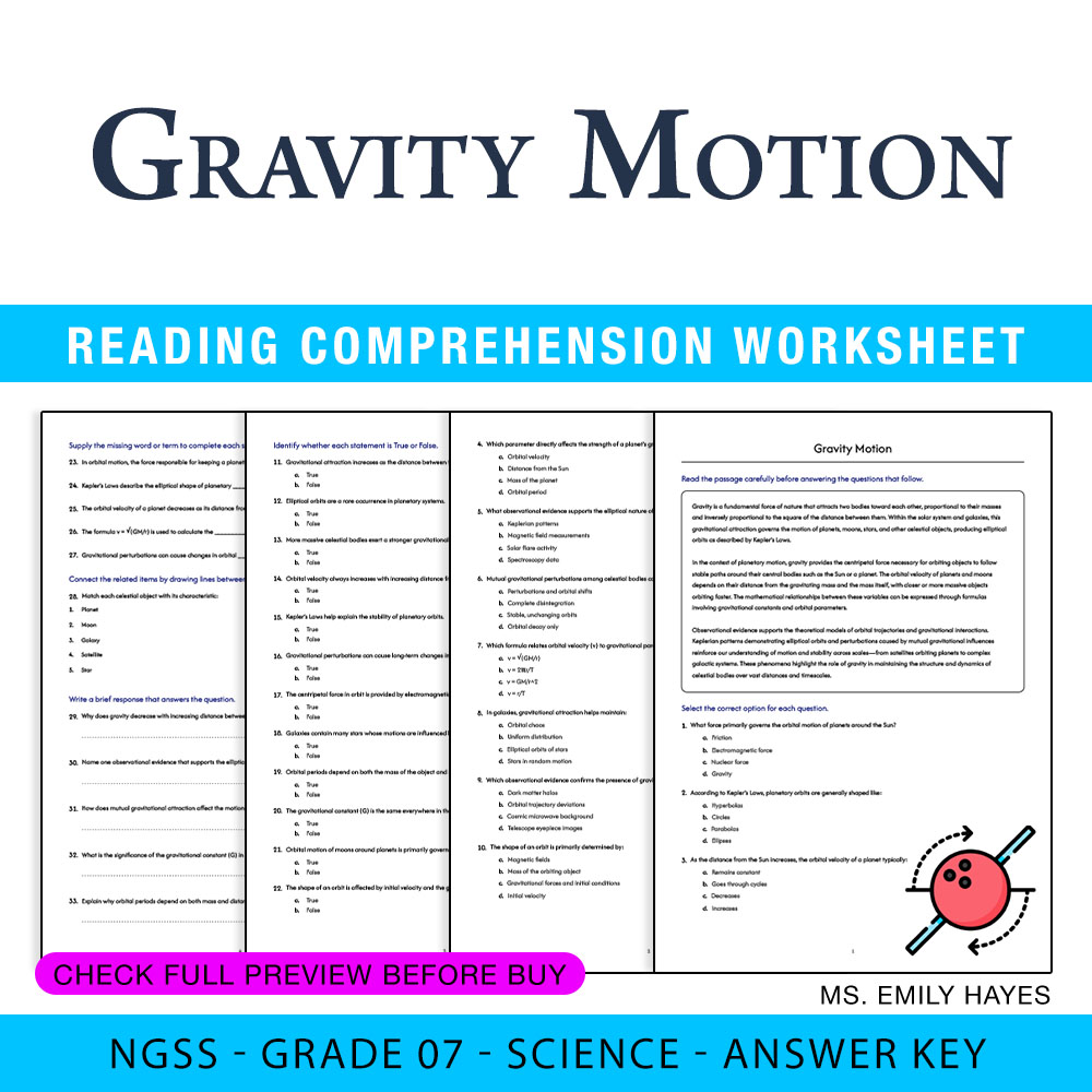 Grade 7 Science worksheet worksheet — 7th Grade Science | Gravity Motion Worksheet (PDF+ Answer Key) — page 1