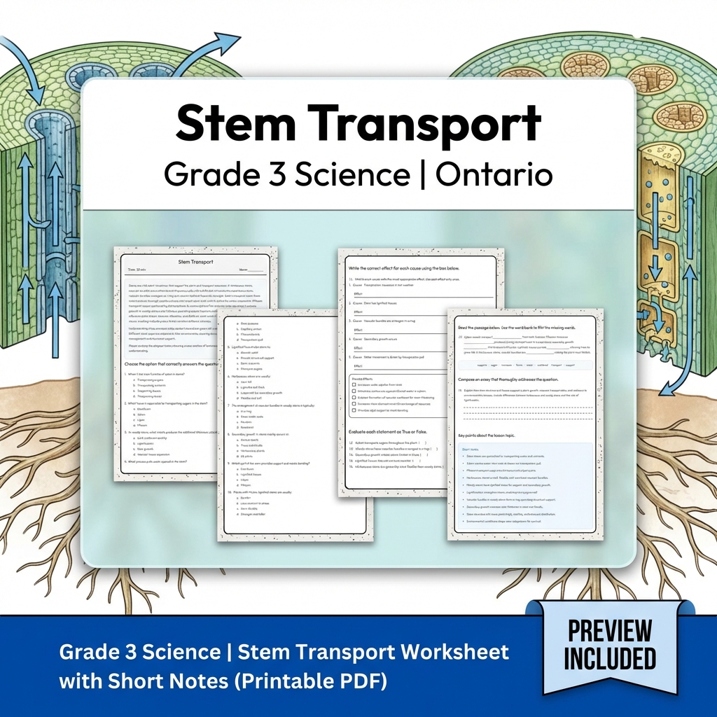 Grade 3 Science Lesson Group | Ontario STEM Worksheets Bundle Transport & Plants — included worksheet 8
