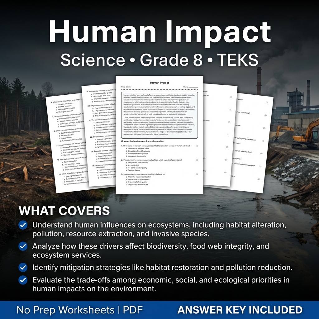 Human Impact Science Worksheet Grade 8 TEKS | Classroom Practice