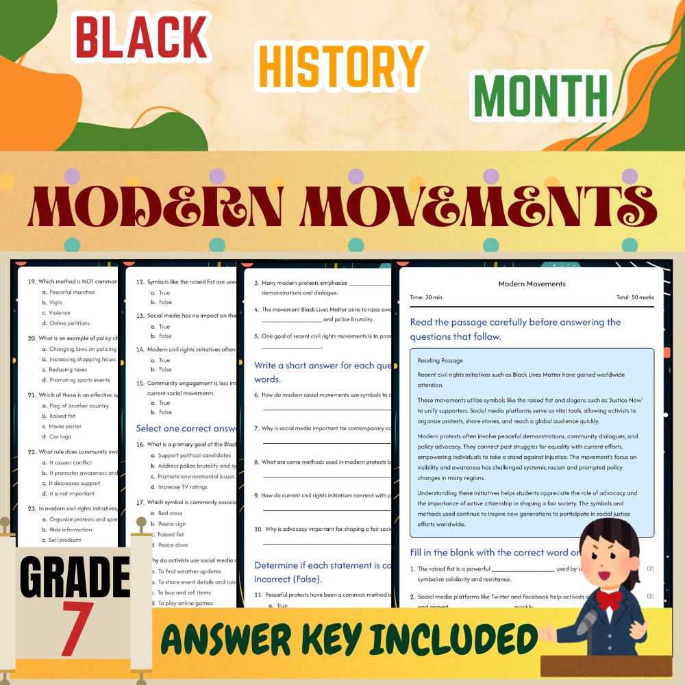 Grade 7 Seasonal Black Friday Worksheet for Modern Movements | PDF + Answer Key