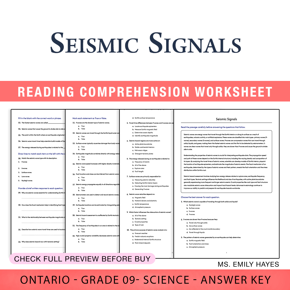 Grade 9 Science worksheet worksheet — 9th Grade Science | Seismic Signals Worksheet (PDF + Answer Key) — page 1