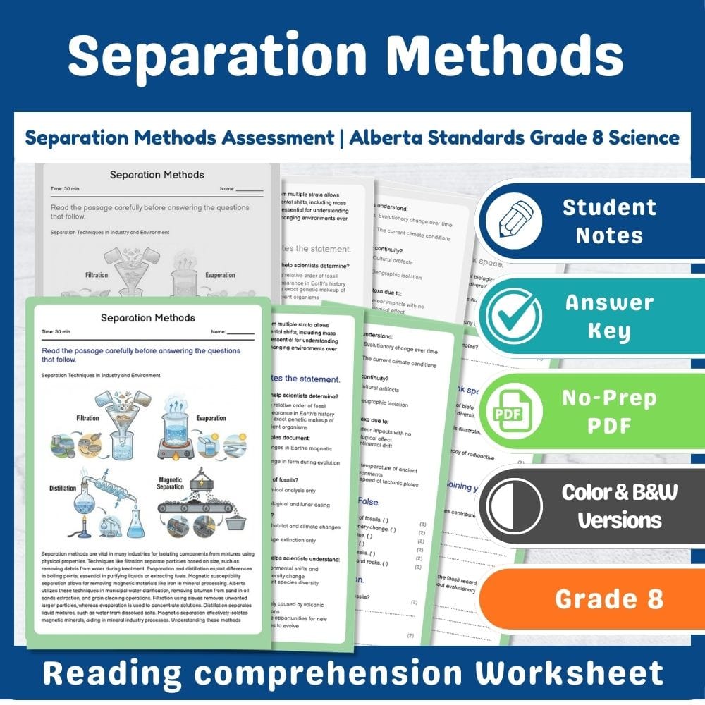 Grade 8 Science assessment worksheet — Separation Methods Assessment | Alberta Standards Grade 8 Science — page 1