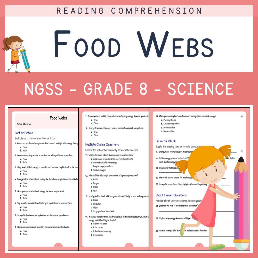 Grade 8 Science worksheet worksheet — Grade 8 Science | Food Webs Worksheet & Answer Key Aligned with NGSS (PDF) — page 1