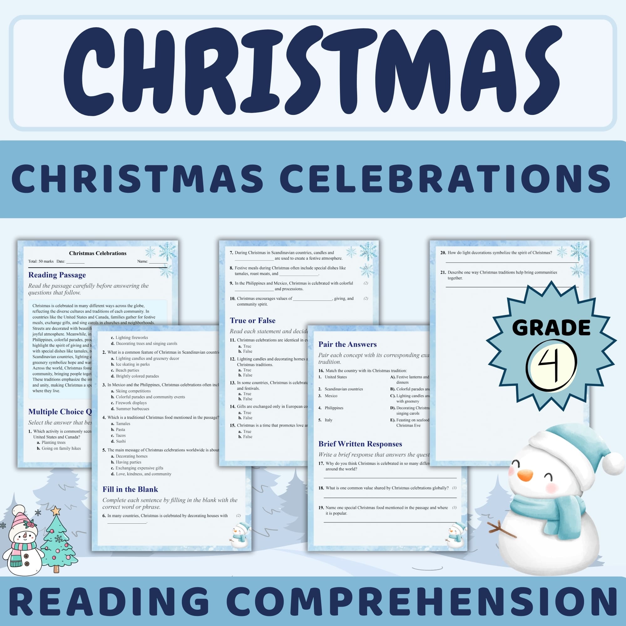 Grade 4 Seasonal Holidays Worksheet | Christmas Celebrations & Traditions