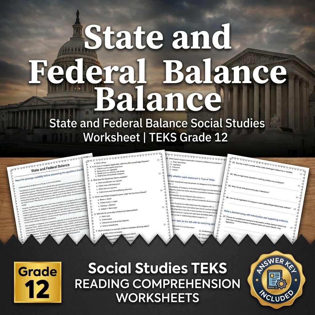 State and Federal Balance Social Studies Worksheet | TEKS Grade 12