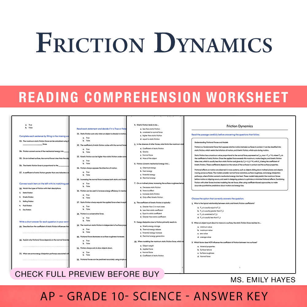 Grade 10 Science worksheet worksheet — 10th Grade Science | Friction Dynamics Worksheet (PDF+ Answer Key) — page 1