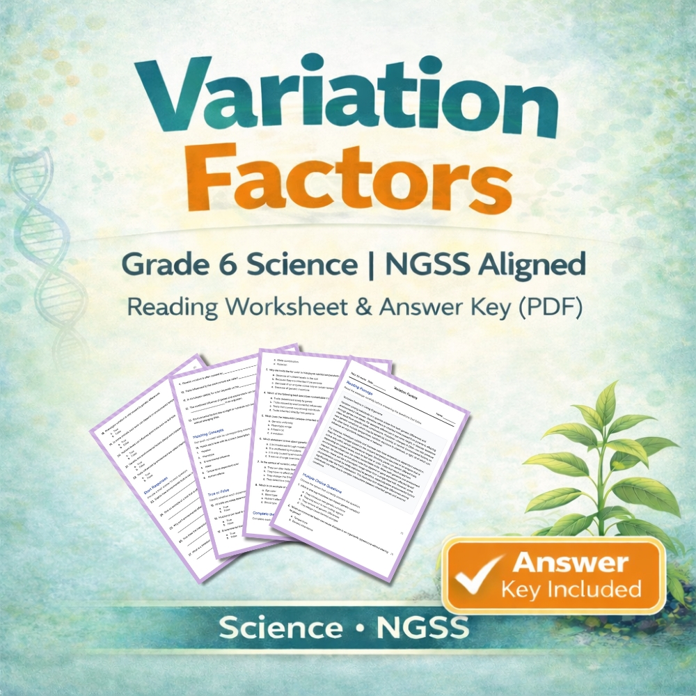 Grade 6 Science Unit Bundle | Variation Factors & Inheritance NGSS Worksheets — included worksheet 2