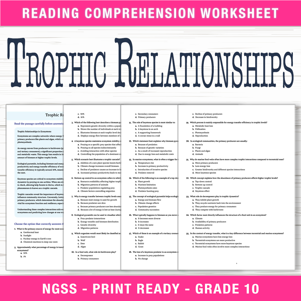 Grade 10 Science worksheet worksheet — Grade 10 Science | Trophic Relationships Worksheet (PDF + Answer Key) — page 1