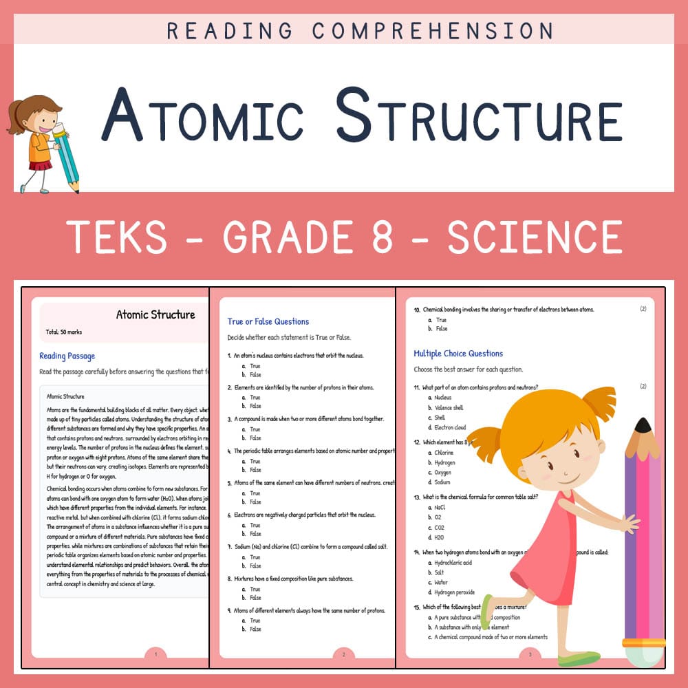 Grade 8 Science worksheet elena worksheet — Grade 8 Science | Atomic Structure Worksheet | TEKS-Aligned — page 1