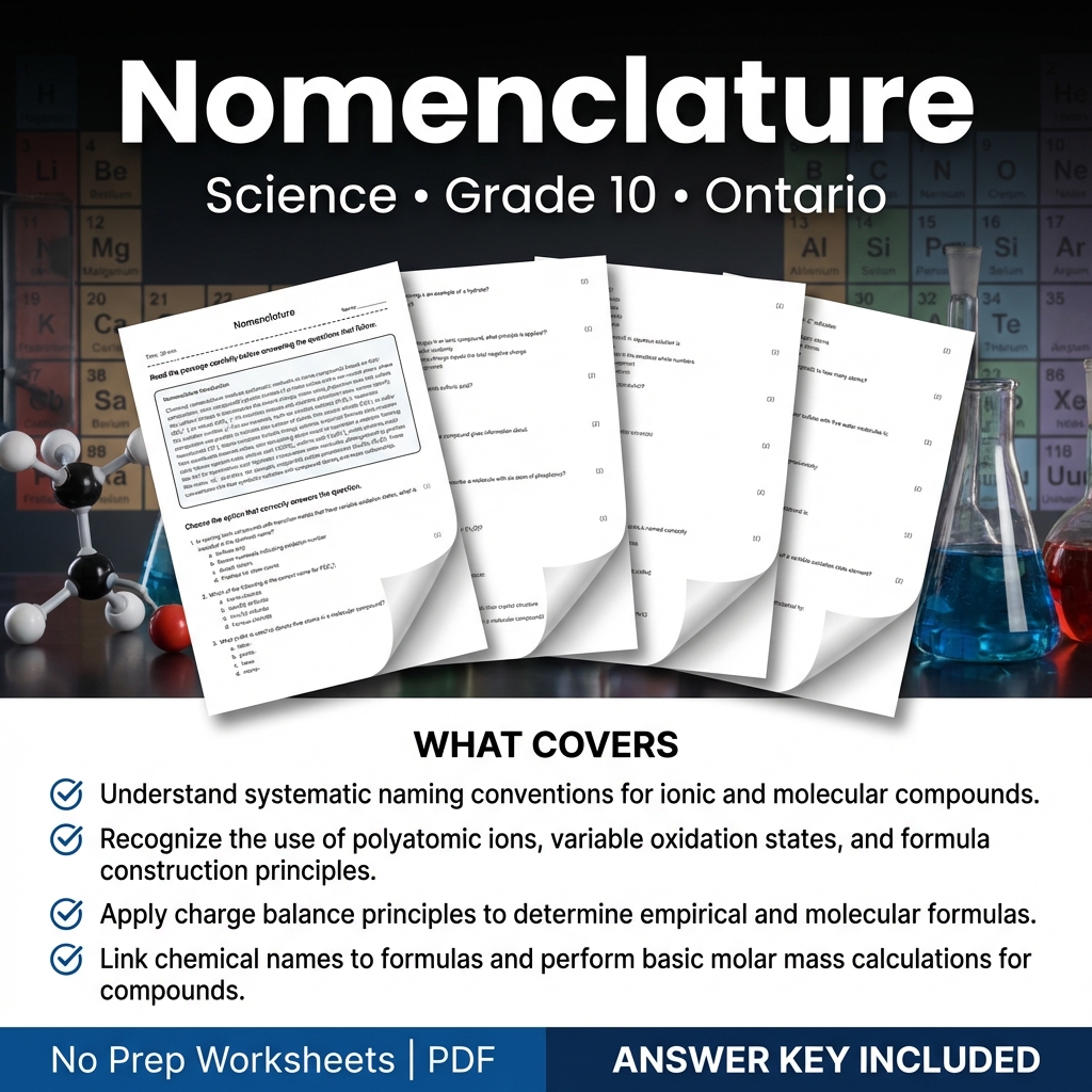 Nomenclature Worksheet for Grade 10 Science | Ontario Standards Practice