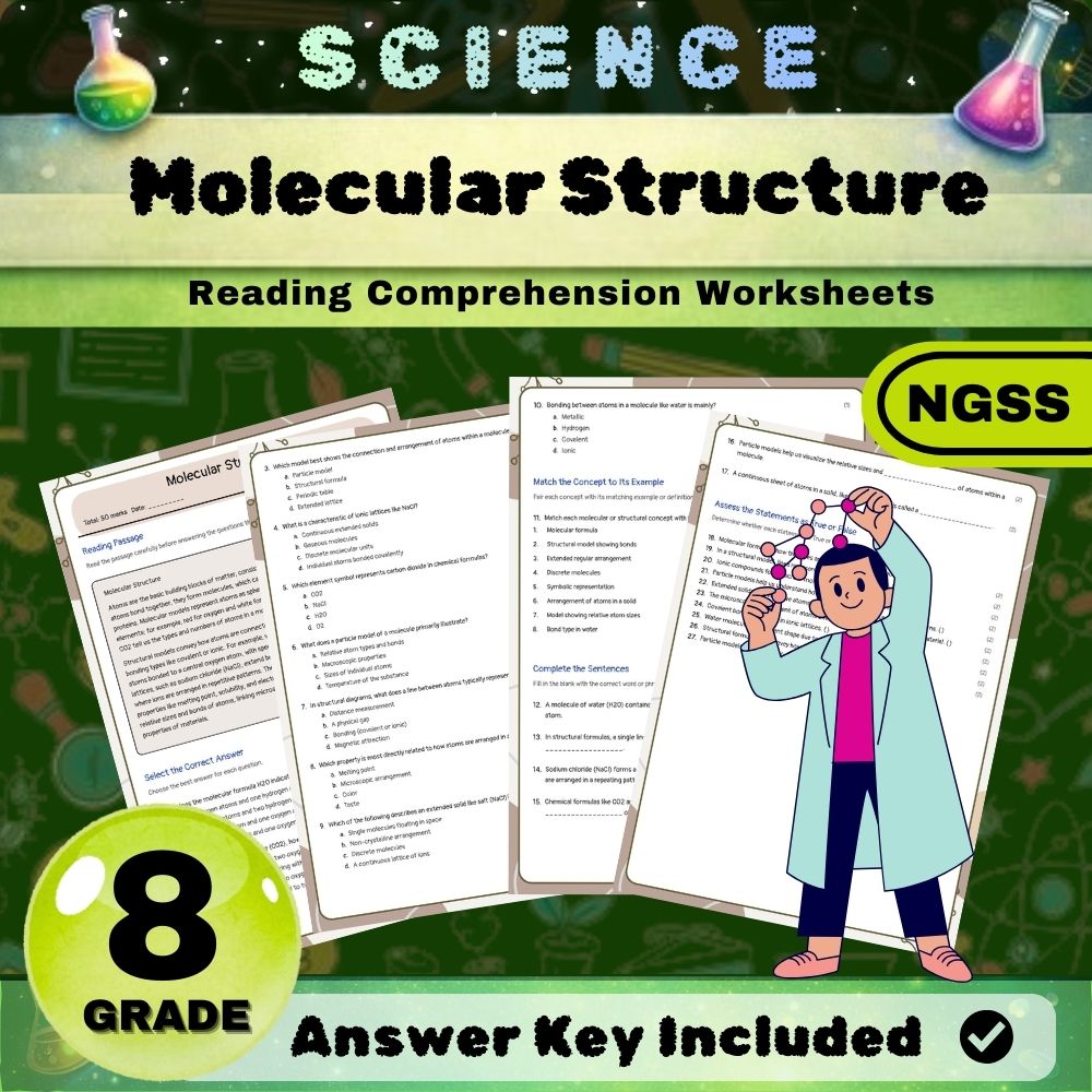 Grade 8 Science science ngss worksheet — Grade 8 Science – Molecular Structure Worksheet (NGSS) (PDF)