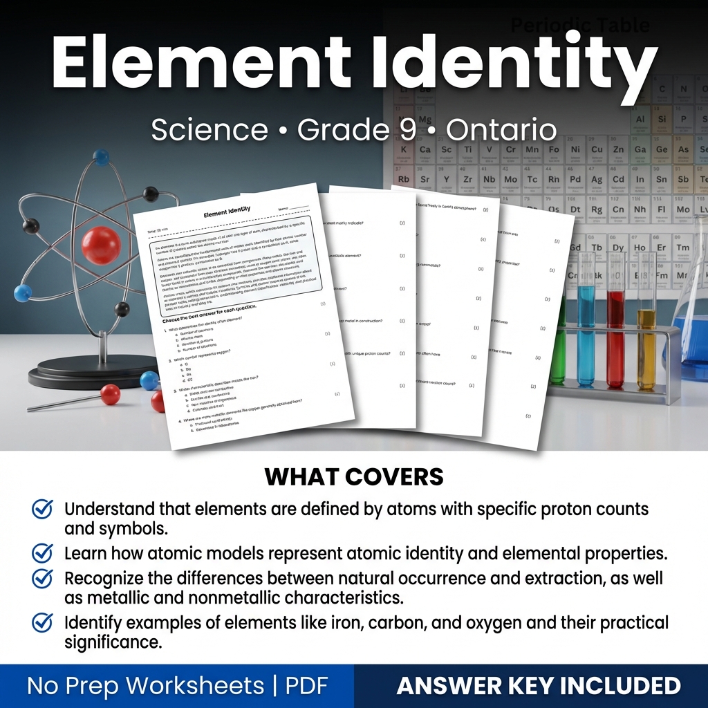 Element Identity Worksheet for Grade 9 Science | Ontario Standards