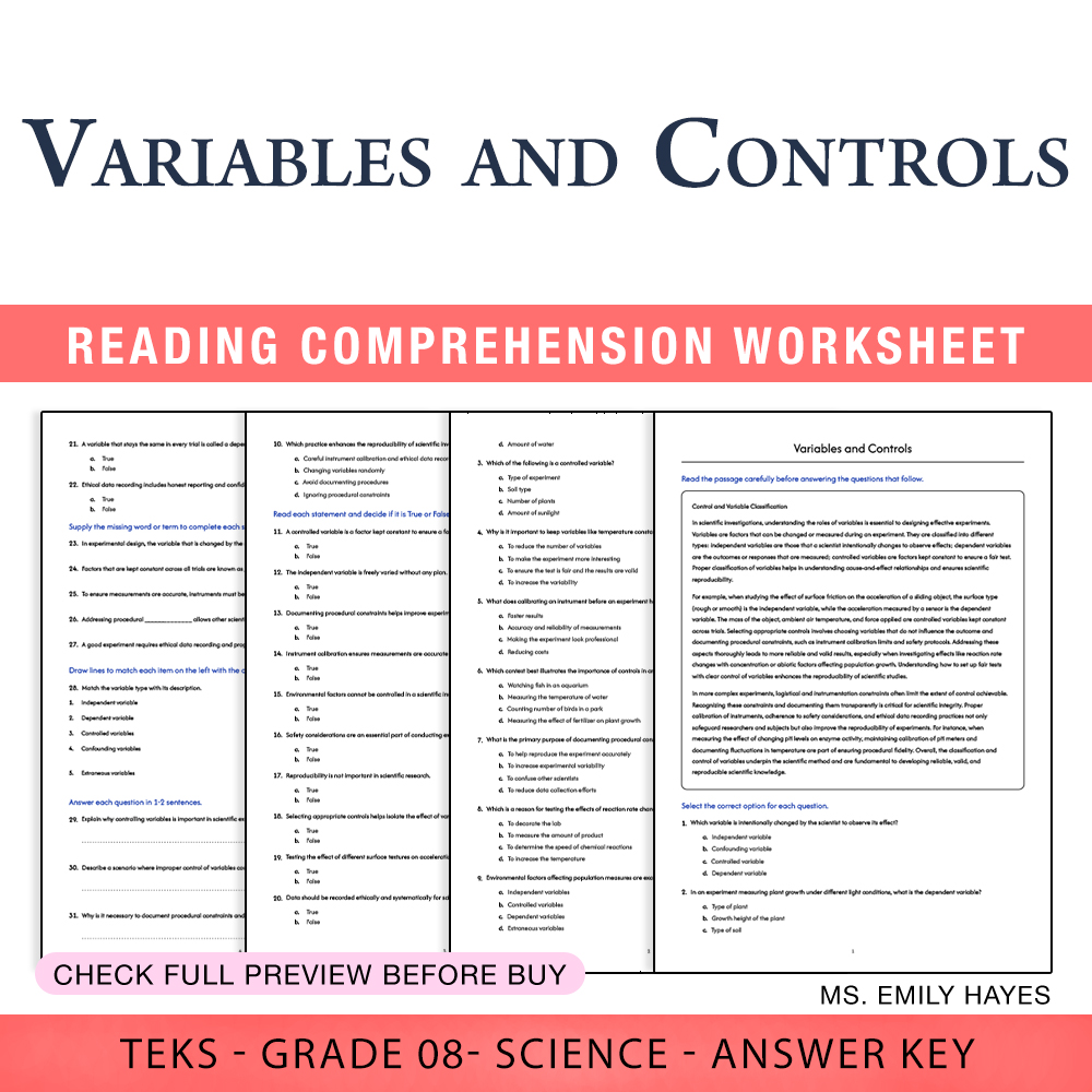 Grade 8 Science worksheet worksheet — 8th Grade Science | Variables and Controls Worksheet (PDF+ Answer Key) — page 1