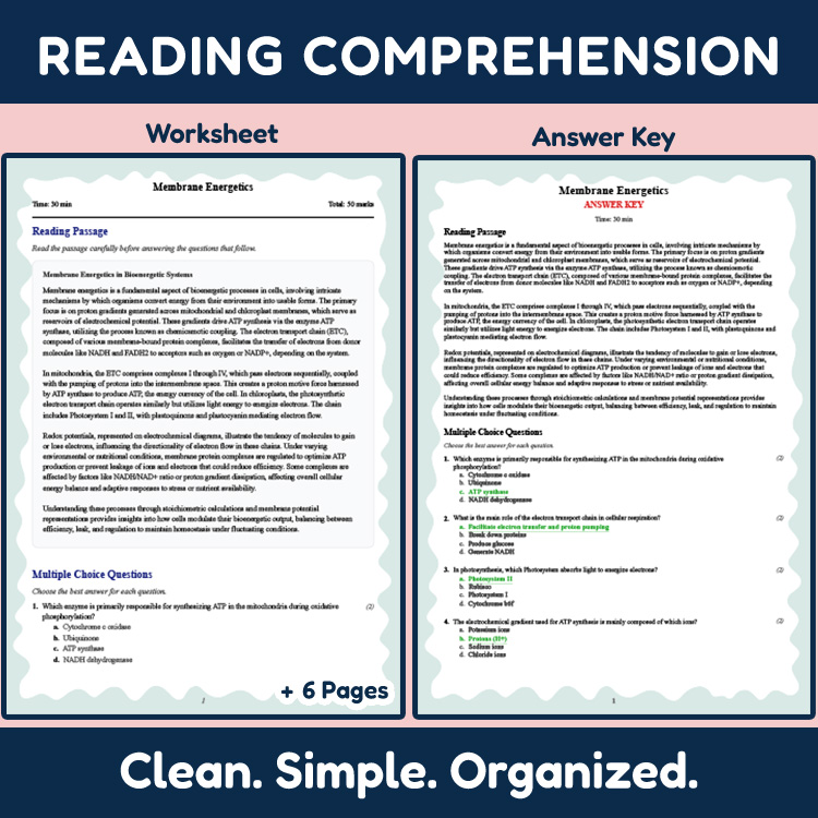 Grade 11 Science reading worksheets worksheet — Grade 11 Science | Membrane Energetics Reading Worksheet (PDF + Answer Key…