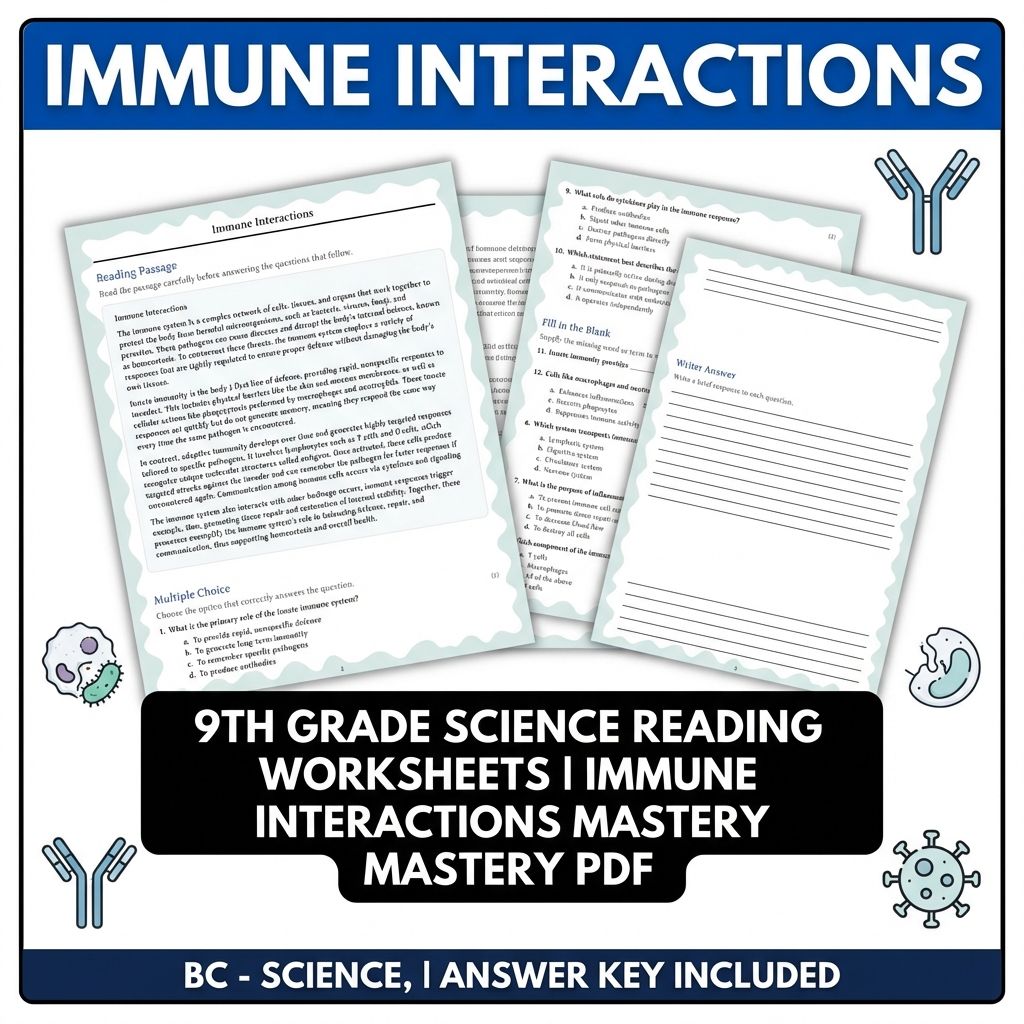 Grade 9 Science reading worksheets — 9th Grade Science Reading Worksheets | Immune Interactions Mastery PDF