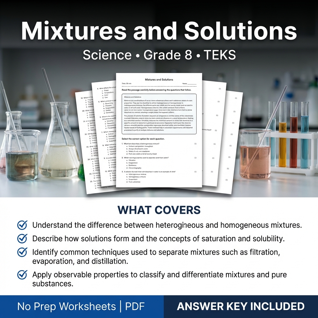 Grade 8 Science Worksheet on Mixtures and Solutions | TEKS Aligned