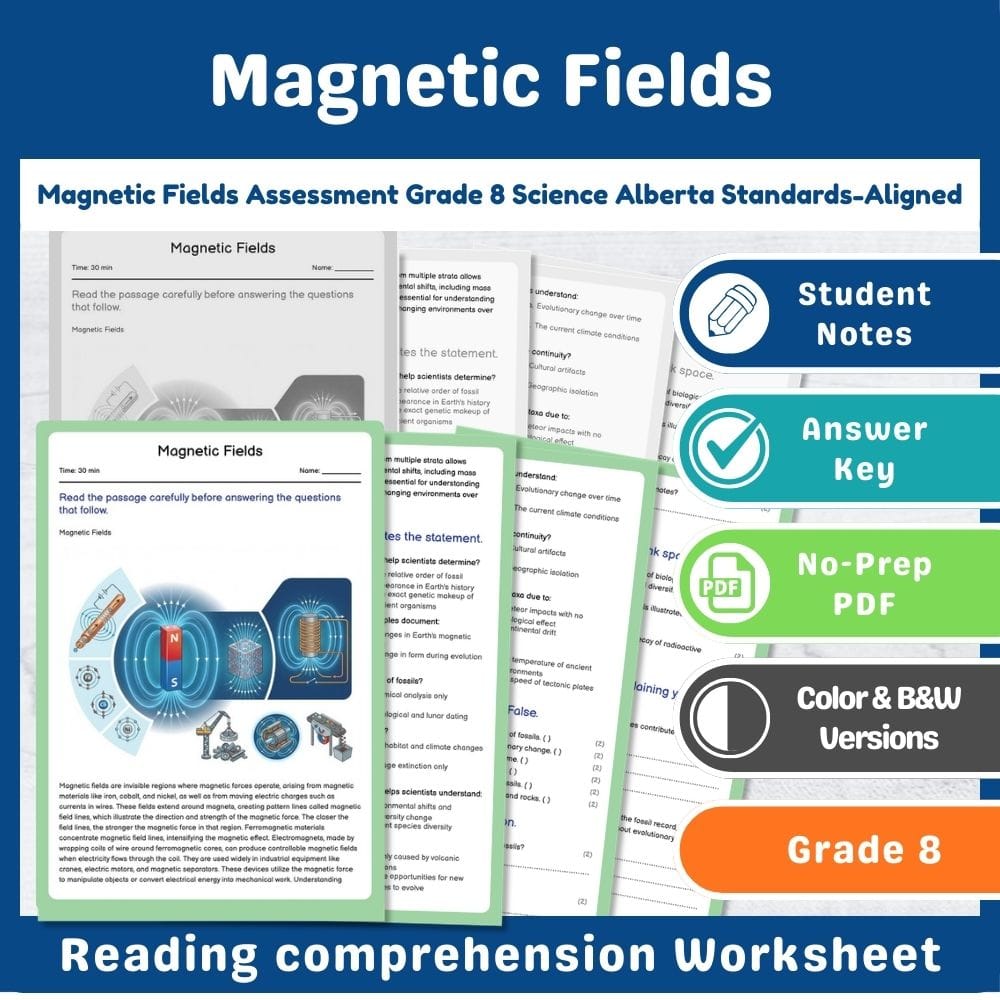 Grade 8 Science assessment worksheet — Magnetic Fields Assessment Grade 8 Science Alberta Standards-Aligned — page 1