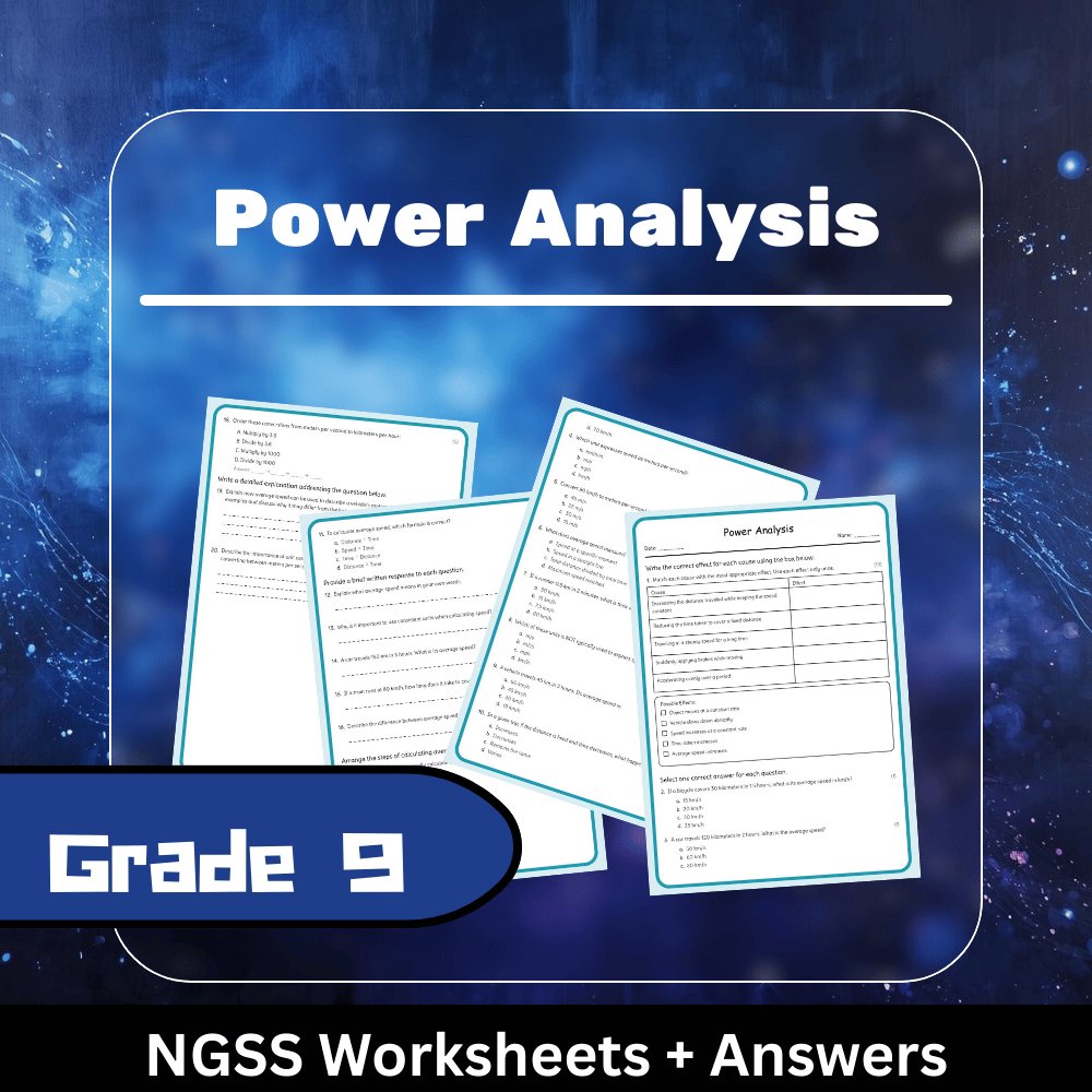 Grade 9 Science | Power Analysis Worksheet (Answer Key) aligned with NGSS