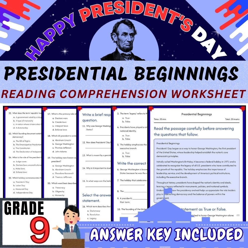 Grade 9| Presidents Day & U.S. History Unit Worksheet Pack (Answer Key Included) — included worksheet 5