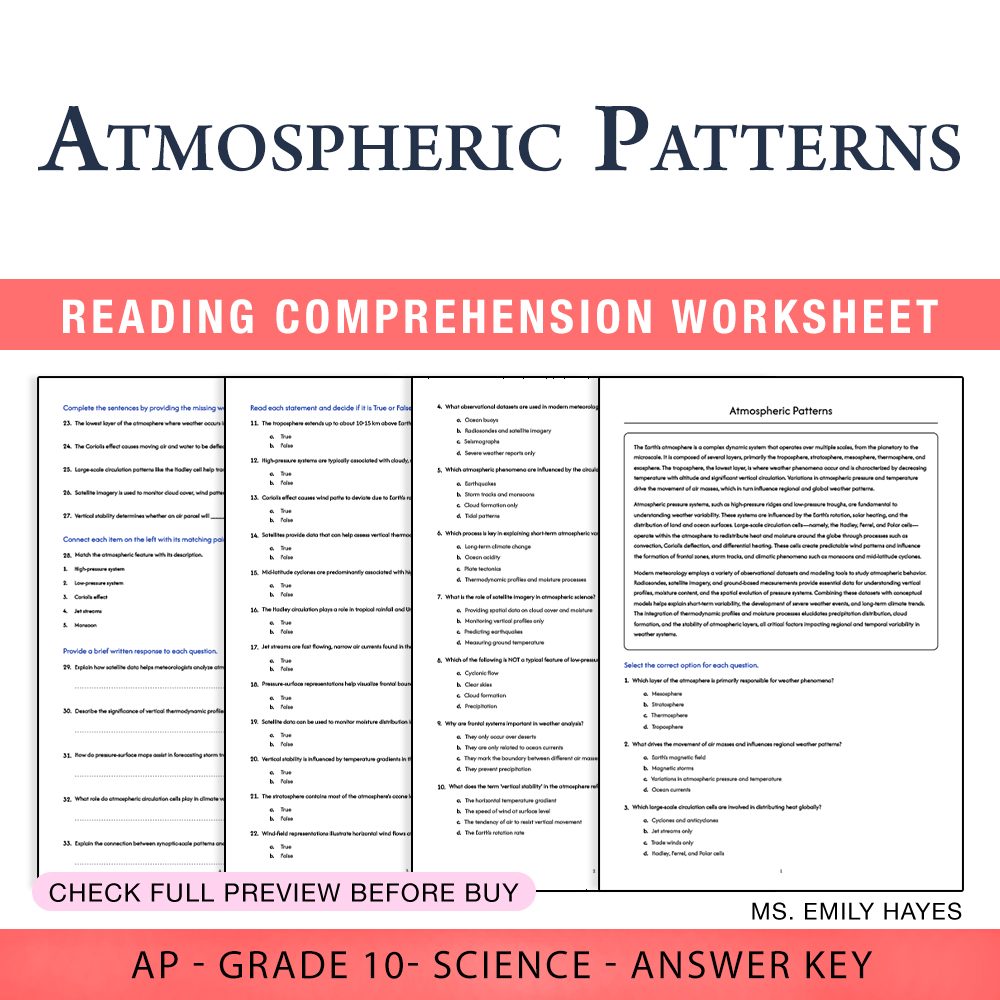 Grade 10 Science worksheet worksheet — 10th Grade Science | Atmospheric Patterns Worksheet (PDF+ Answer Key) — page 1