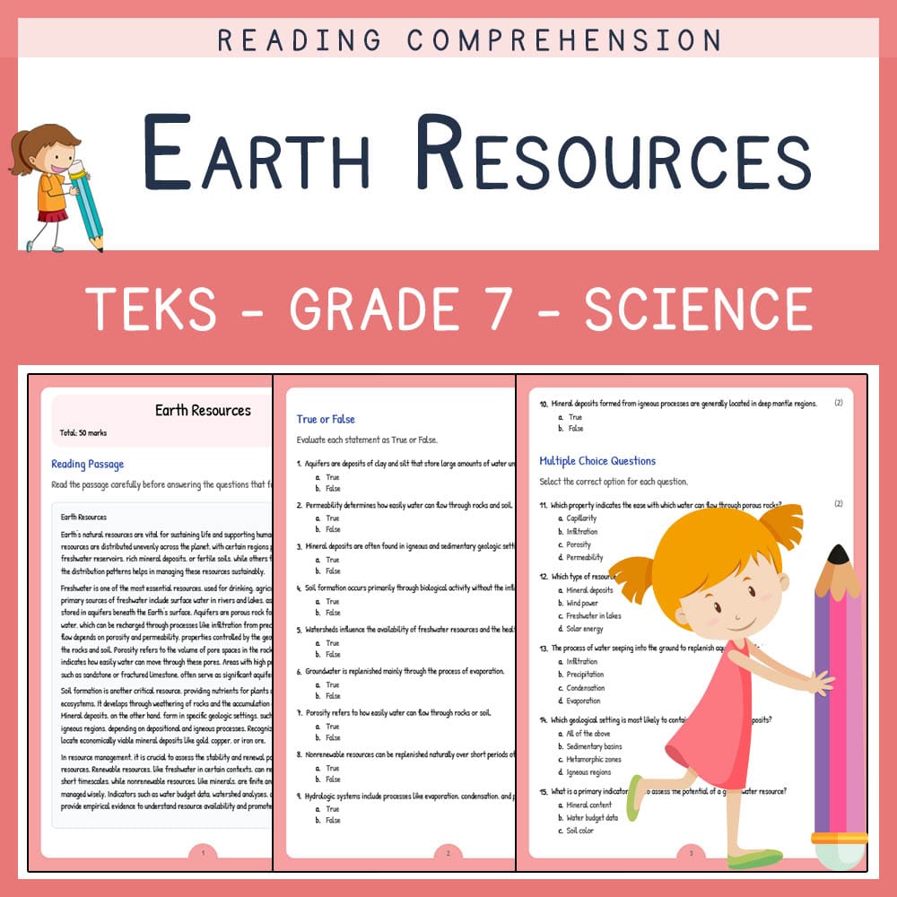 Grade 7 Science worksheet elena worksheet — Grade 7 Science | Earth Resources Worksheet Elena | TEKS Aligned — page 1