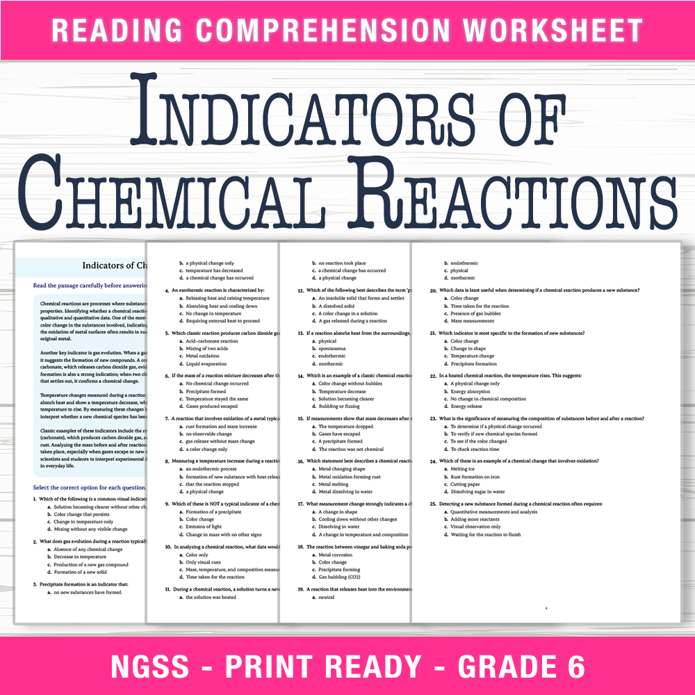 Grade 6 Science worksheet worksheet — Grade 6 Science | Indicators of Chemical Reactions Workbook (PDF +Answer Key) — page 1